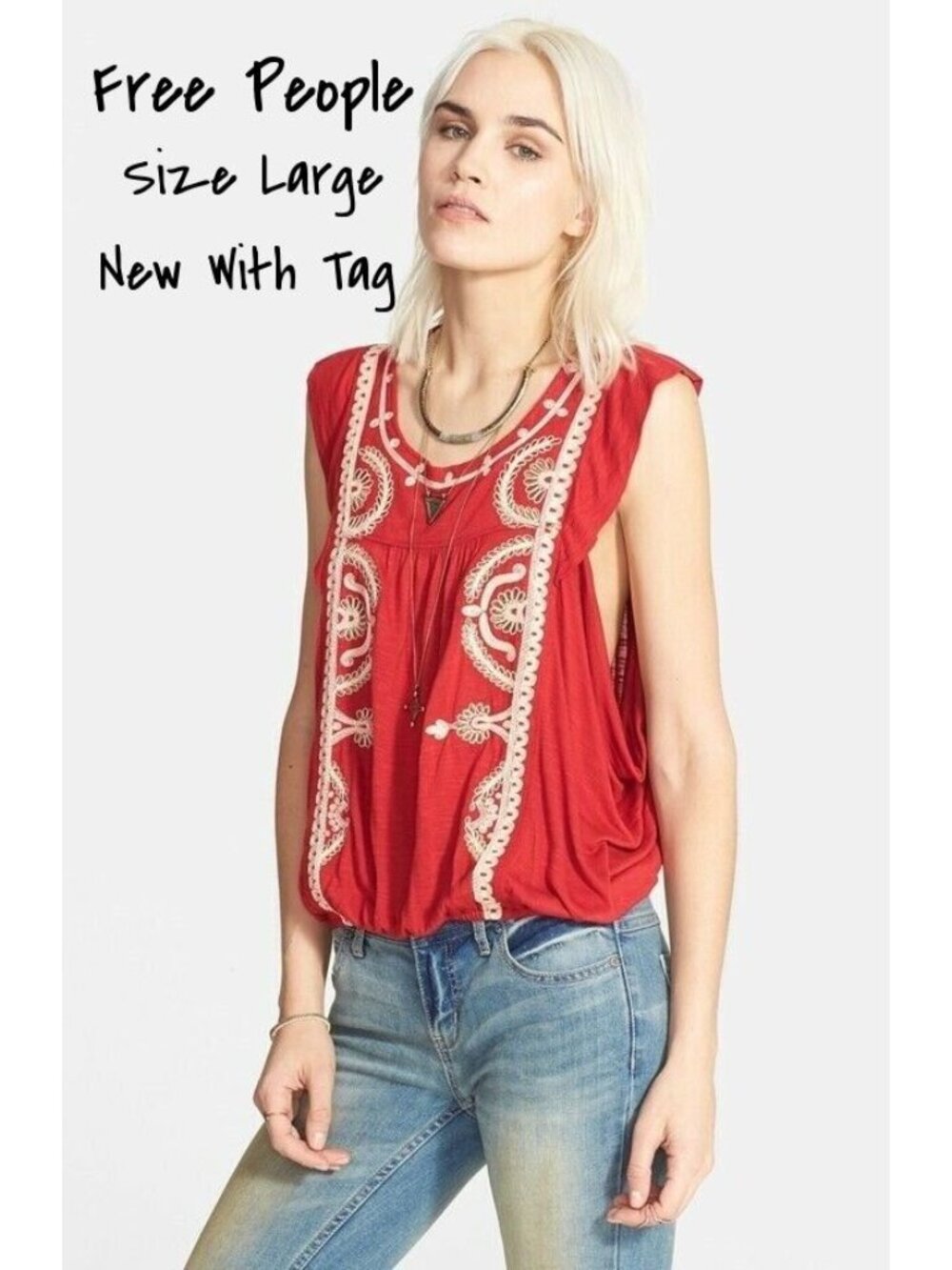 Free People Embroidered Top Shirt Blouse Red Size Large New With Tag